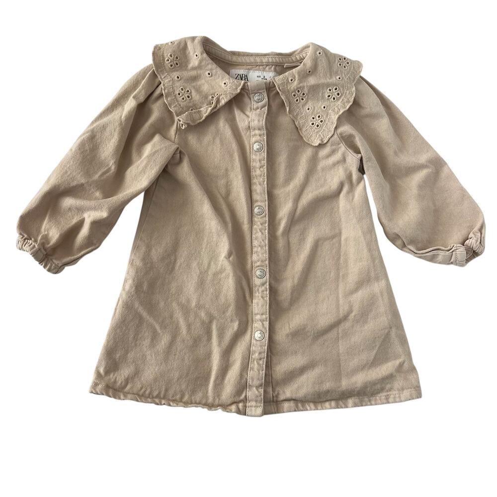 Zara Beige Button-Front Dress with Eyelet Collar